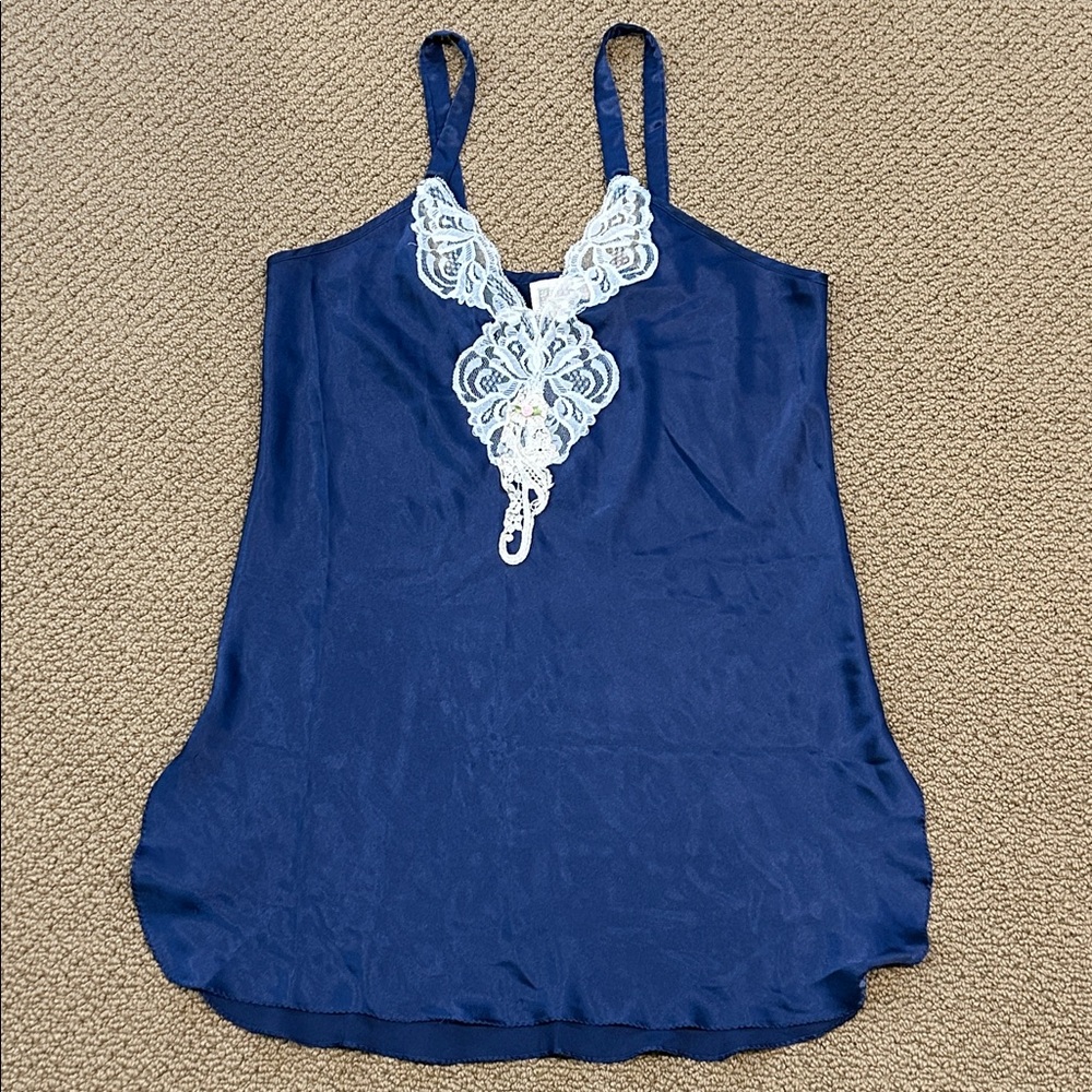 Vintage California Dynasty 2-pc Lingerie & Robe Set Large Navy Blue Lace Satin - Picture 4 of 17